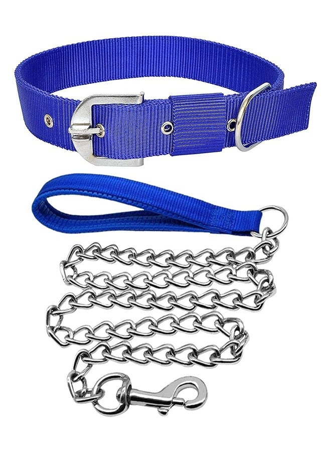 Pups&Pets Dog Adjustable Collar with Handle Chain Set | Nylon 1inch Belt and 57inch lengthy Handle Chain Leash | Collar and Handle Chain for Medium & Large Dogs (Blue) - Image 1